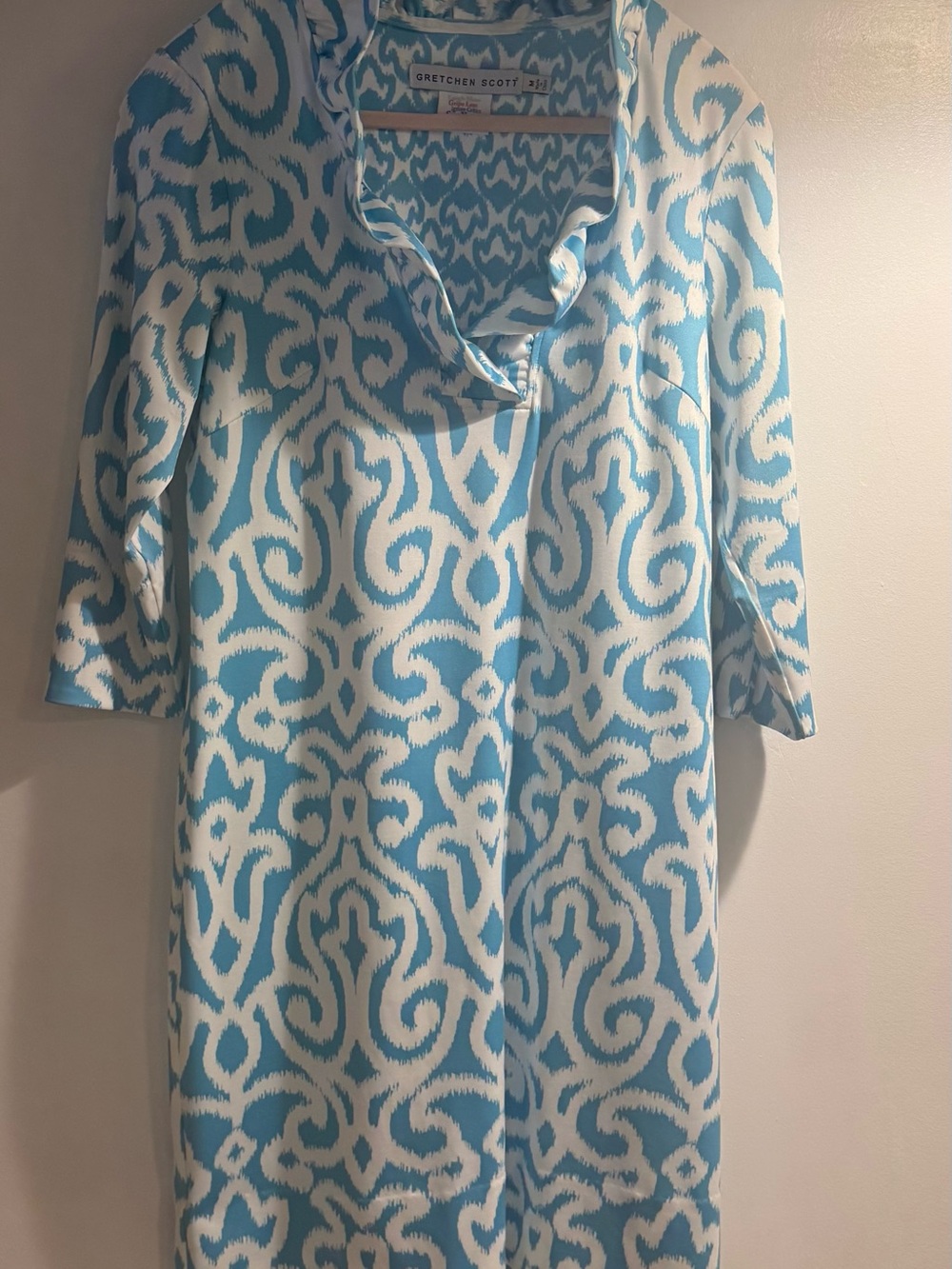 Gretchen Scott Blue and White Ikat Print Tunic Top